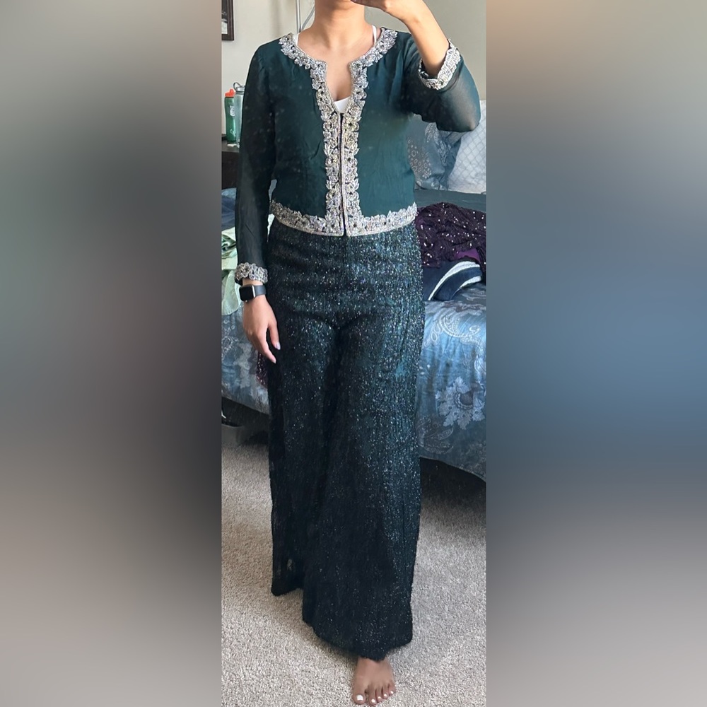 Two piece, teal with sliver accents, indian kurta and pants - indowestern attire